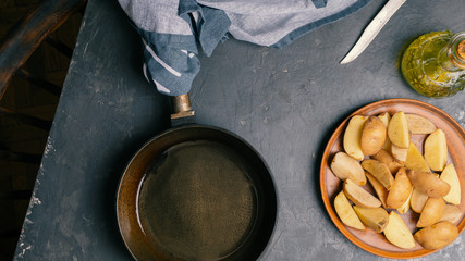 Cooking fried potatoes, top view, close-up