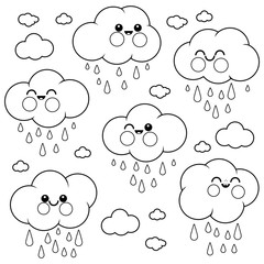 Cute raining cloud characters. Vector black and white coloring page