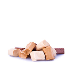 candies or caramel candies on a white background.