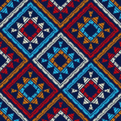 Ethnic boho seamless pattern. Lace. Embroidery on fabric. Patchwork texture. Weaving. Traditional ornament. Tribal pattern. Folk motif. Vector illustration for web design or print.