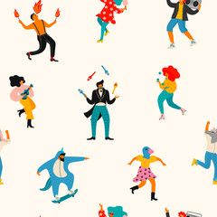 Vector seamless pattern with funny dancing men and women in bright modern costumes.