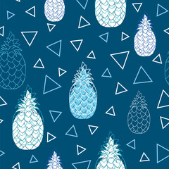 Seamless pattern with pineapples and triangle shapes on blue background