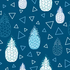 Behang Ananas Naadloos patroon met ananassen en driehoeksvormen op blauwe achtergrond