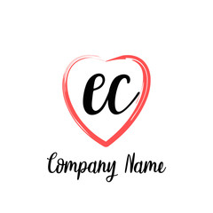 EC initial handwriting in a love brush-shaped template