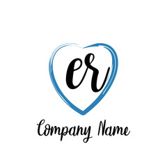ER initial handwriting in a love brush-shaped template