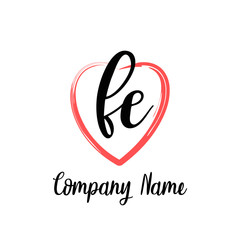 FE initial handwriting in a love brush-shaped template