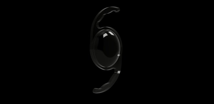 3D Illustration of clear intraocular lens used in ophthalmic or cataract eye surgery in black background