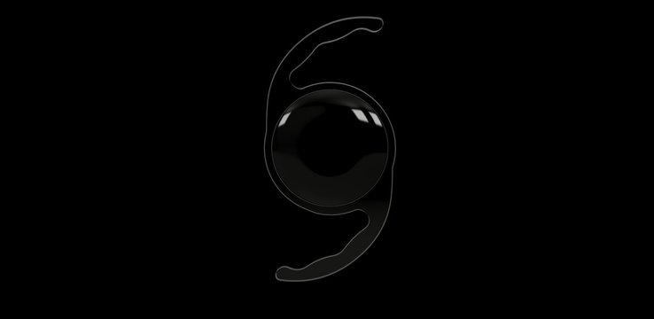 3D Illustration of clear intraocular lens used in ophthalmic or cataract eye surgery in black background