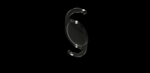 3D Illustration of clear intraocular lens used in ophthalmic or cataract eye surgery in black background