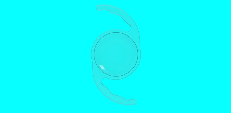 3D illustration of a clear intraocular lens used in ophthalmic or cataract surgery in cyan background
