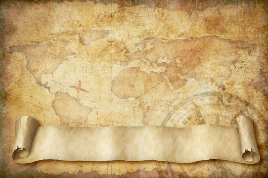 vintage world map with old scroll illustration based on image furnished by NASA