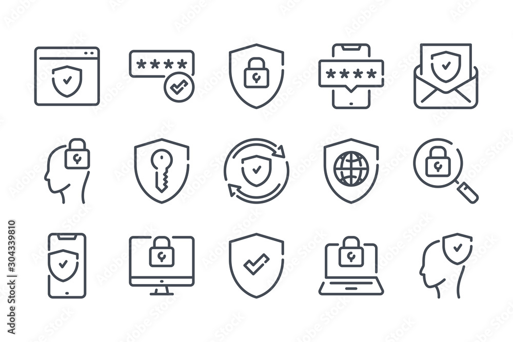 Poster computer secure and data protection related line icon set. protection of personal information linear