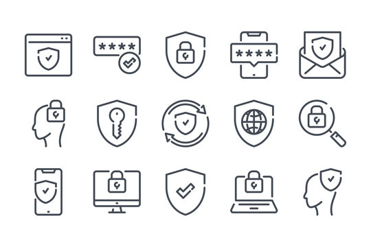 Computer secure and data protection related line icon set. protection of personal information linear icons. Network safety and password outline vector sign collection.