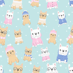 cute french bulldog puppy dog in winter costume seamless pattern snow background
