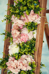 Hydrangea, soft focus, noise added. Beautiful flowers. Beauty in nature. Hydrangea macrophylla - Beautiful bush of hydrangea flowers in a flowers market