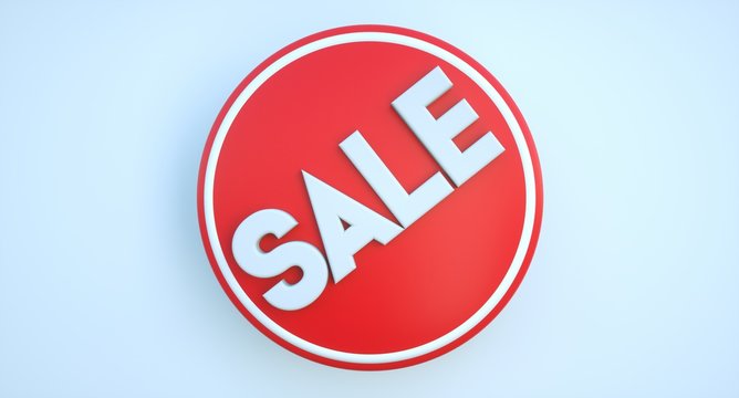 Red Round Sale Button Logo  white Lettering and Background, 3d Rendering