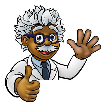 A cartoon scientist professor wearing lab white coat waving above sign and giving a thumbs up