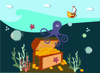 boy pirate looking for treasure, underwater treasure, cartoon marine world, vector illustration