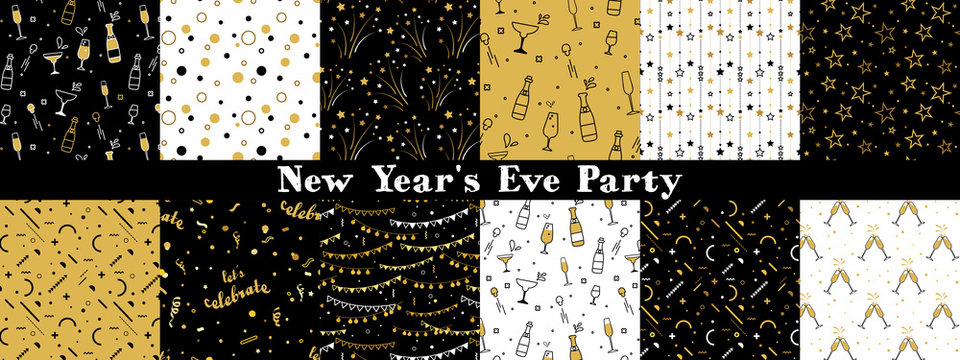Collection of seamless pattern designs for celebrations , birthday and graduation party. In gold, white and black colors. Vector illustration