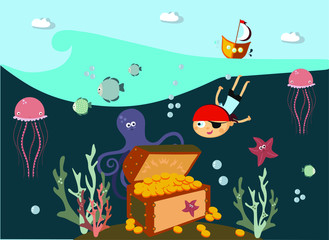 boy pirate looking for treasure, underwater treasure, cartoon marine world, vector illustration