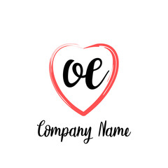 OE initial handwriting in a love brush-shaped template