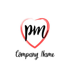 PM initial handwriting in a love brush-shaped template