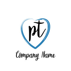 PT initial handwriting in a love brush-shaped template