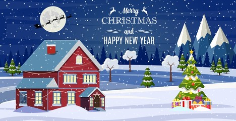 Santa Claus flies over the house in the snow. Christmas greeting card or poster. Merry christmas holiday. New year and xmas celebration. Vector illustration in flat style