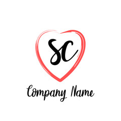 SC initial handwriting in a love brush-shaped template