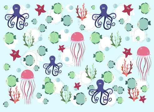 fish background (fish, coral, octopus, jellyfish)