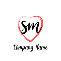 SM initial handwriting in a love brush-shaped template