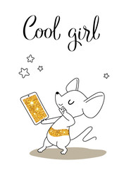 Little Mouse makes selfie, greeting card for your design, vector illustration 10eps