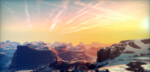 space landscape illuminated by light rays, 3d rendering, fiction