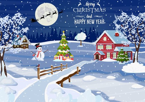 New year and Christmas winter landscape background with christmas tree and giftbox. Vector illustration