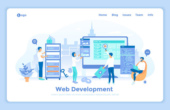 Web Development Programming Coding. Programmers team are working on a new website. Monitor, program code, server. landing web page design template decorated with people characters.