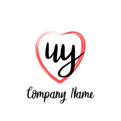 UY initial handwriting in a love brush-shaped template