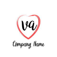 VA initial handwriting in a love brush-shaped template