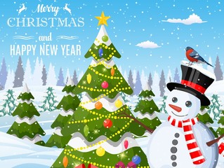 Christmas background. Snowman with fir tree. Winter landscape with fir trees forest and snowing. Happy new year celebration. New year xmas holiday. Vector illustration flat style