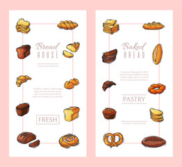 Fresh bread loaf vertical banner vector illustration. Baking loaves, bagels and ciabatta. Whole grain pastry baguette, croissant and breadcrumb for breakfast in bakery.