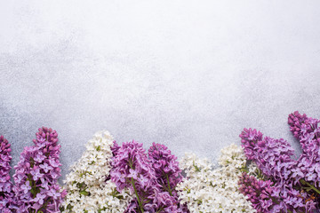 Branches of purple lilac on stone background. Romantic spring mood. Top view. Copy for your text -...