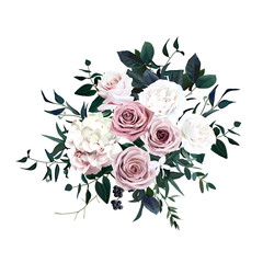 Dusty pink, pastel, white flowers glamour vector design wedding bouquet