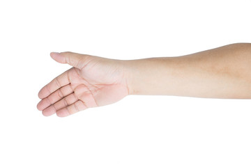 Hand and arm asian man or caucasian hand gestures hold or catching something empty or Hand signal isolated on white background
