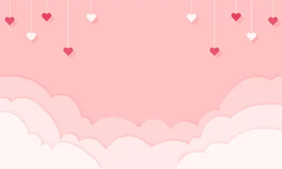 Türaufkleber Babyzimmer Hintergrund in Papierschnitt, Wolken und Herzen hängen von der Decke. Pink Banner, Freisteller. Valentinstag, Muttertag