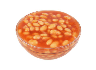 Baked beans in tomato sauce in bowl isolated on white