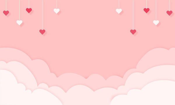 Hintergrund in Papierschnitt, Wolken und Herzen hängen von der Decke. Pink Banner, Freisteller. Valentinstag, Muttertag