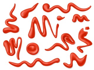 Ketchup stains and splashes, tomato sauce red splats and smears 3d vector design of food condiment and spice. Realistic drops, splatters and blobs of sour vegetable paste and catsup