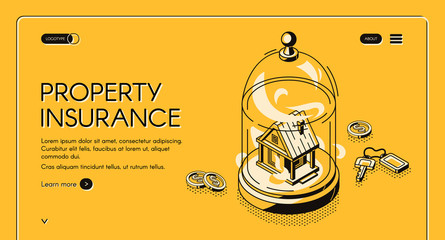 Property insurance isometric landing page. Real estate building stand under glass dome with keys and money scattered around. Home accident protection service 3d vector illustration line art web banner © vectorpouch