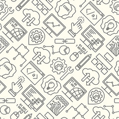 Internet technology and programming seamless background with linear icons set. Html, php and code seamless pattern with vector line style icons on black.