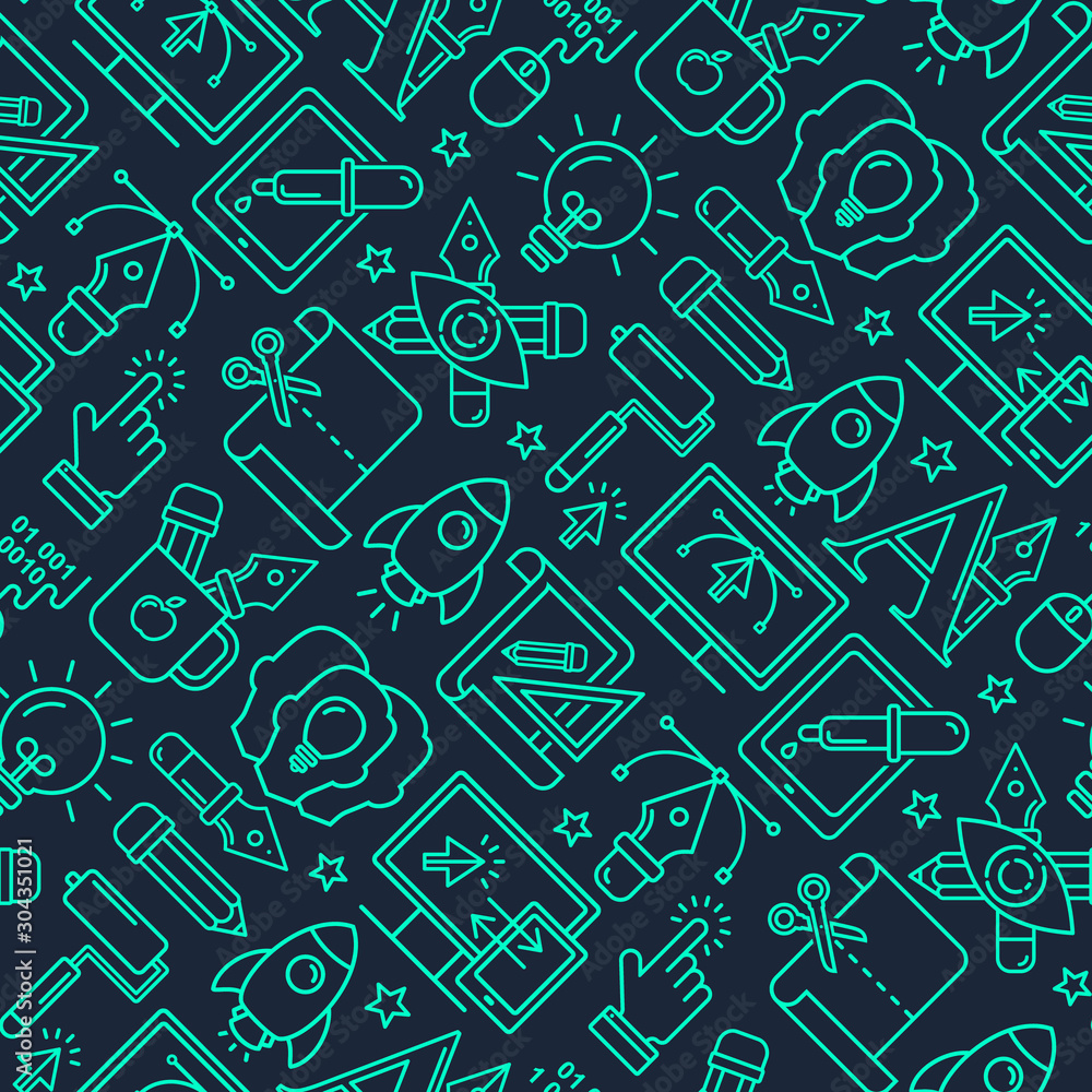 Poster vector graphic design seamless pattern with grey linear icons. line style designer background with p