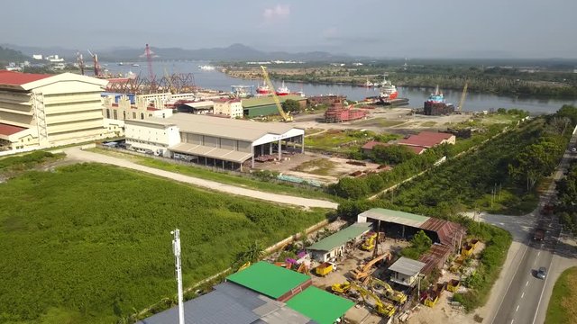 Aerial view of shipyard and construction site in Lumut, Perak Malaysia.